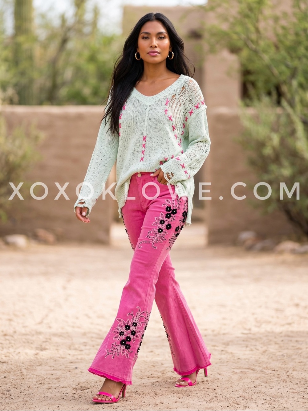 POL Mint Green Open Knit Sweater | Pink Whipstitch Slouchy V Neck Distressed - Picture 2 of 11